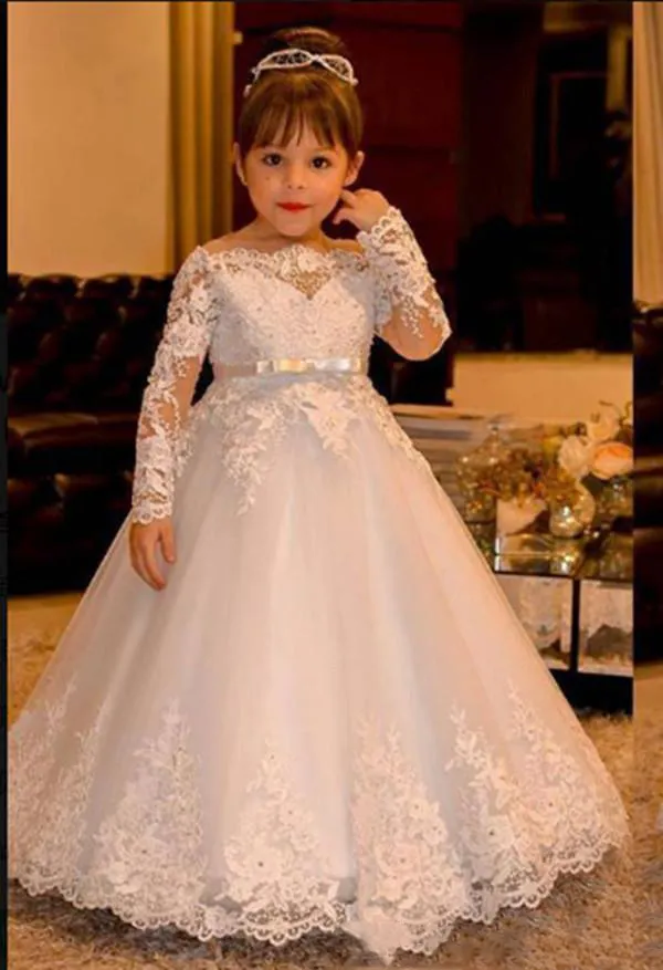 Bebê branco laço bebê vestidos de casamento 2017 manga longa v backless tulle bola vestido flor menina vestidos de chão comprimento meninas concurso vestidos