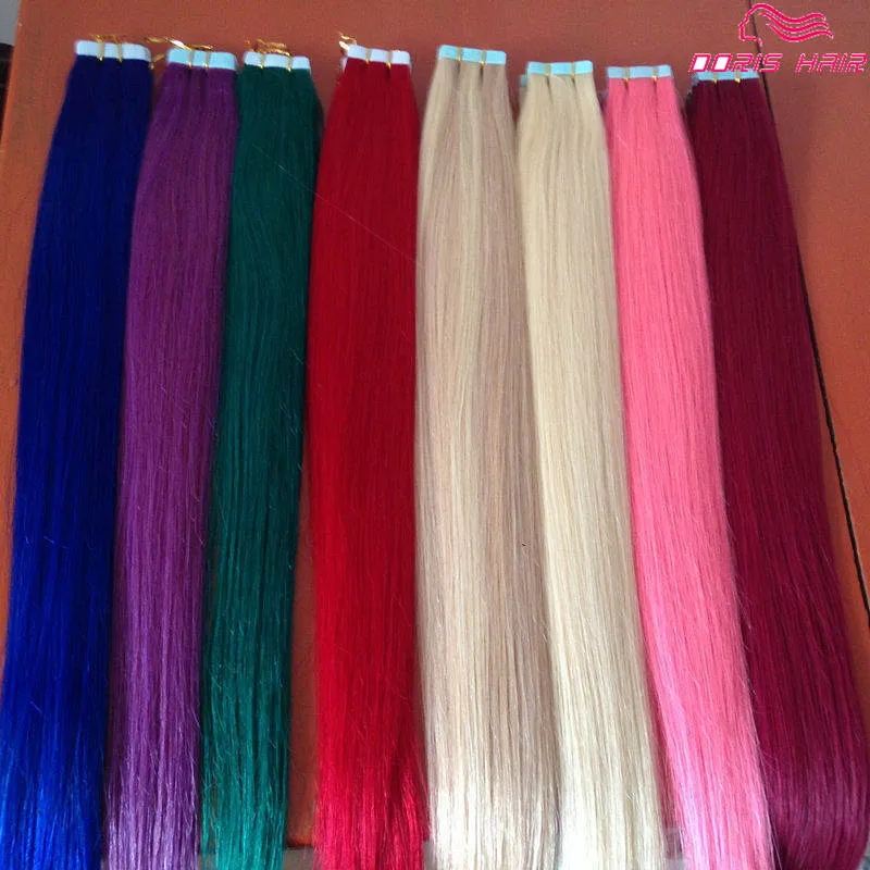 卸売人毛テープヘアエクステンションカラーインディアンレミーヘア製品ピンク、レッド、ブルー、パープル送料無料