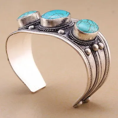 Wholesale cheap Unisex Vintage Oval Turquoise Stone Bead Cuff Bracelet Bangle Tibet Silver 