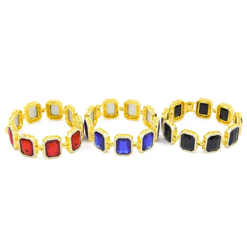 Men Iced Out Red Black Blue Ruby Bracelet Hip Hop Gold Color Bracelets For Women Men