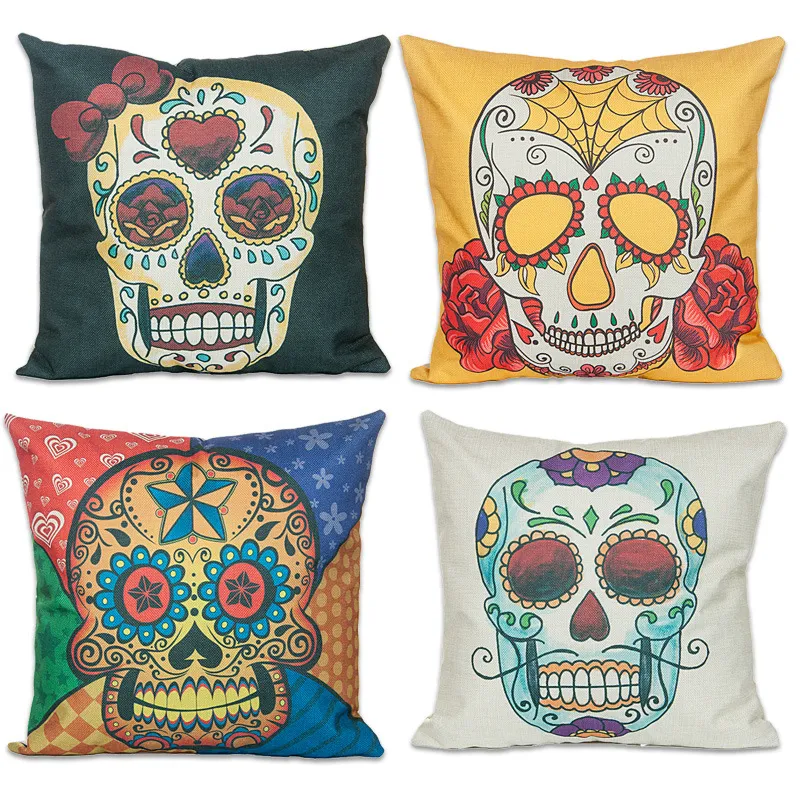 18" Colourful Skull Head Cotton Linen Throw Pillow Case Cushion Case Cover Square Decorative Pillows for Home Car Sofa