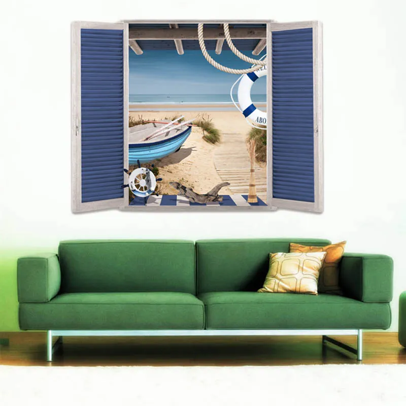 Новая мода 3D печатные окна морской пейзаж стены стикеры декор спальня houseroom наклейки украшения дома Эко-ПВХ безопасный материал