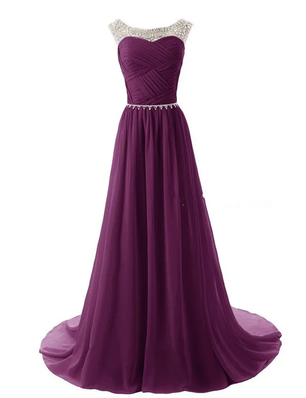 2021 New Stock Sexy Colorful Long Scoop Chiffon Formal Prom Dresses Beads Pleats Floor-Length Evening Party Gowns