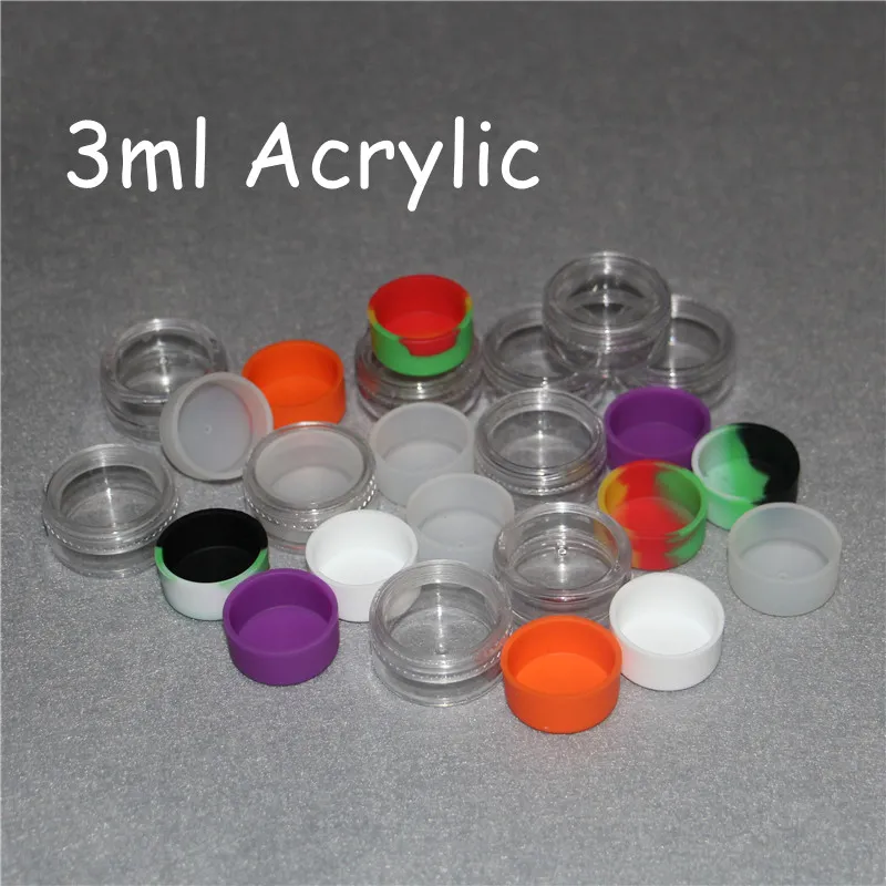 MOQ 20PCS Acrylic Silicone Wax Container Silikonburk 3ML Vaxbehållare DAB BHO Plast Klar akryl Silikonburkar