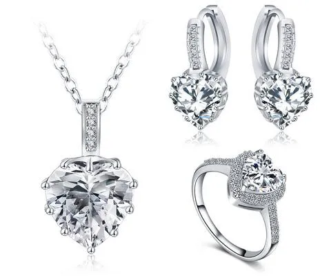 Nyaste julklapp Kvinnor Smycken Set Platinum Plate Halsband / Örhänge / Ring Parus Bijoux Femme Bröllop Kristall Hjärt Smycken Set CST0033