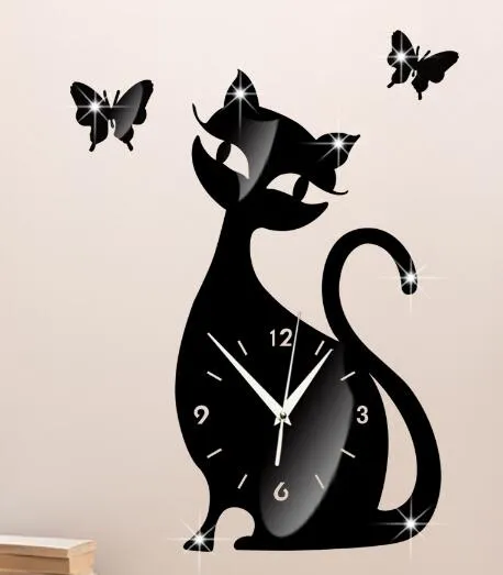 Diy spiegel wanduhr schlafzimmer wohnzimmer wanduhr stumm glocke cartoon nette schwarze katze Wand Aufkleber