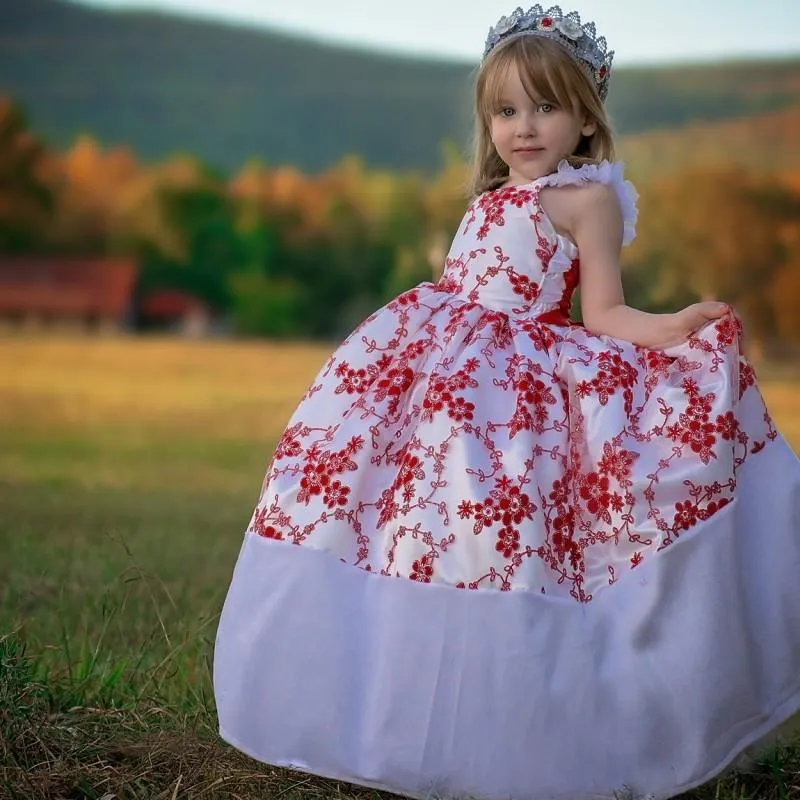 Abito da ballo rosso e bianco Abiti da ragazza di fiori Cinghie senza spalline Pizzo sul retro Abiti da spettacolo ragazze gonfie Lunghezza del pavimento Abito da festa formale bambini