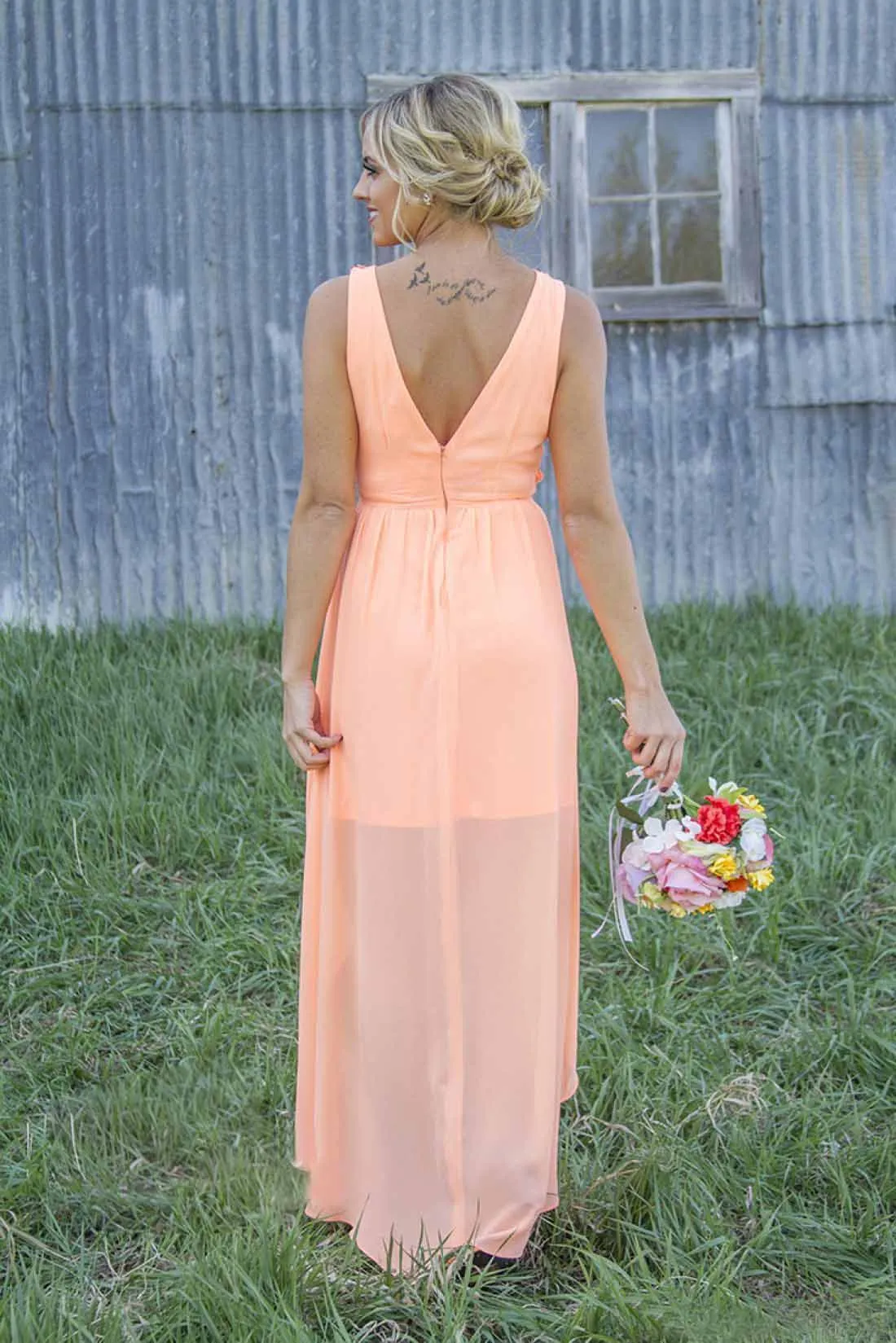 Casual Mint Orange Chiffon Hoge Lage Bruidsmeisjes Jurken 2017 Goedkope Landkant Wasit Maid of Honour Bruiloft Jurk Custom Made EN9152