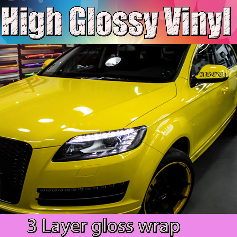 3 Layers Ultra Glossy Car Wrapping Films High Gloss Lemon Yellow Vinyl Stickers Wrap With Bubble Free Size:1.52x20m/roll