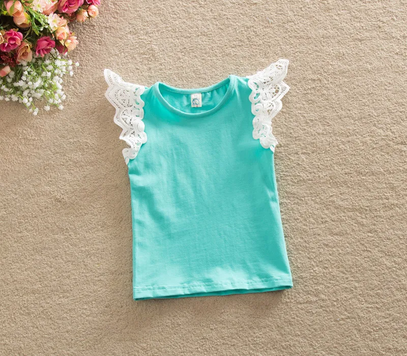 Nouveau-nés bébés débardeurs dernière conception dentelle manches bébé fille T-shirt été filles tenues enfants vêtements 7 couleurs