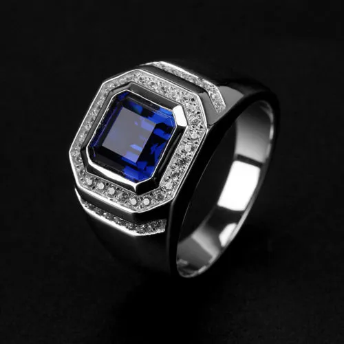 Envío gratis Venta al por mayor Anillo de alta Quliry Solitario Azul Zafiro Plata de ley 925 Diamante simulado Boda Anillo de hombre regalo Tamaño 8-13