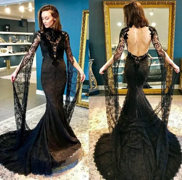 Sexy Zwart Gothic Trouwjurken Mermaid Halloween Bruidsjurken Sheer Kant Spleet Lange Mouwen Hoge Hals Illusion Trouwjurk