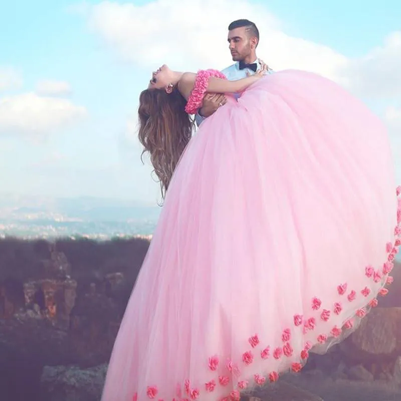 2019 princesa rosa quinceanera vestidos fora do ombro cinderela bola vestido mão feita 3d flores encantador longo doce 16 vestidos en11013