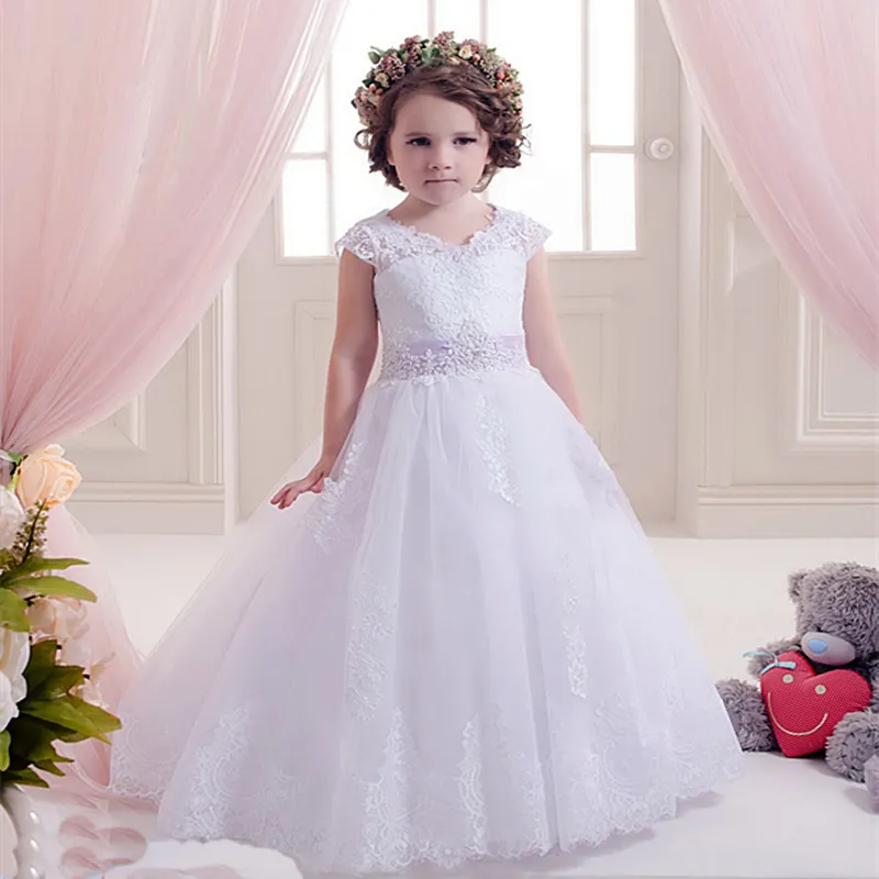 Gorący Piękny Koronki Kwiat Girl Dresses Święta Pierwsza Komunia Sukienki Little Bow Girl Girls Page Cartourt Party Dress