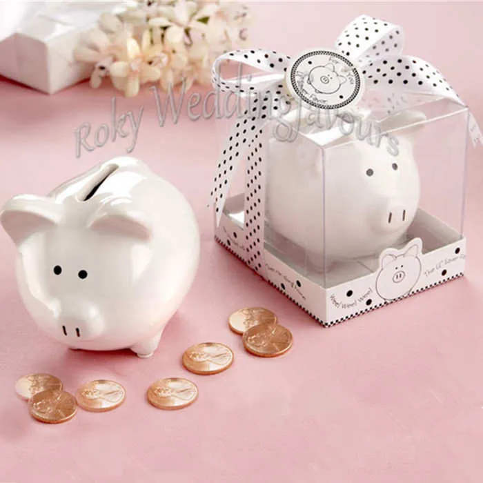 Gratis verzending 50 stks Li'l Saver Gunsten Ceramic Mini Piggy Bank in Geschenkdoos met Polka Dot Lint Bow Baby Shower Kindergeschenken