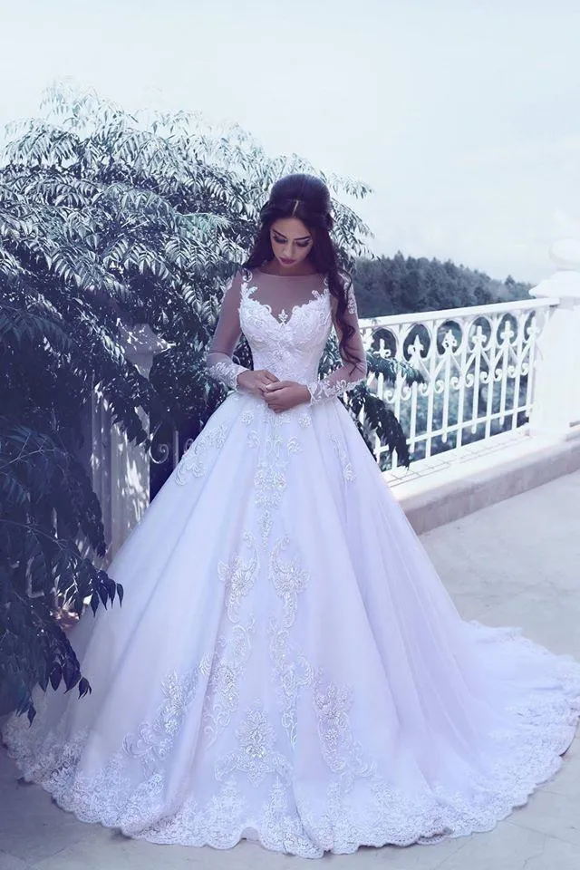 2017 Inverno Árabe Dubai Sheer Beck Ilusão Manga Comprida Vestidos de Casamento Modest Vestidos De Noiva Appliqued Appliqued Rendas Feitas Sob Medida EN8259