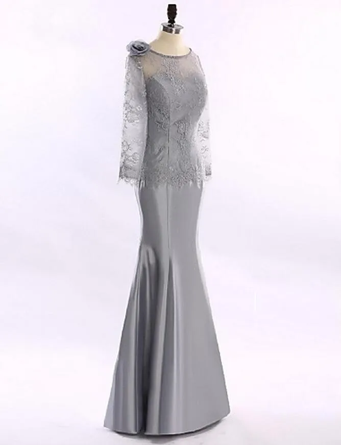 New Silver Jewel Mermaid Mum Dress For Mother of Groom Princess Floor-length Long Sleeve Lace and Satin Mother of the Bride Dress