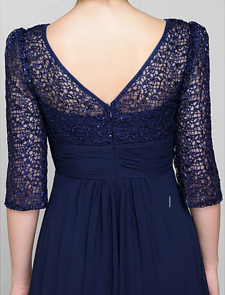 New Dark Navy Vneck Aline Floorlength Half Sleeve Lace and Chiffon Mother of the Bride Dress2427455