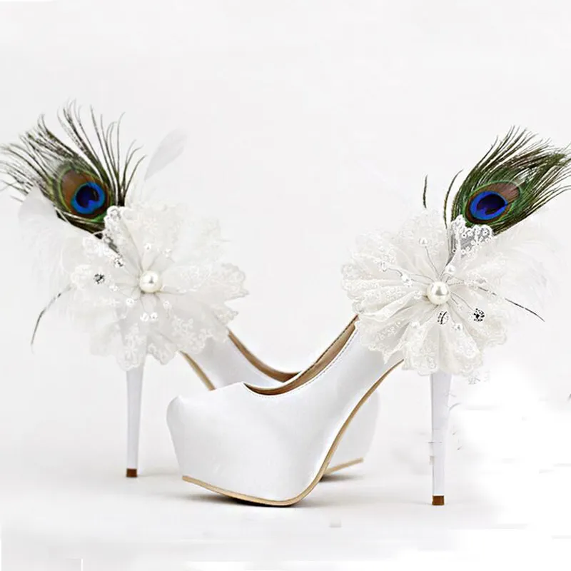 Luxury Appliques and Feather Women High Heels White Satin Wedding Shoes 5.5 Inches Heel Fashion Platform Mother of Bride Shoes