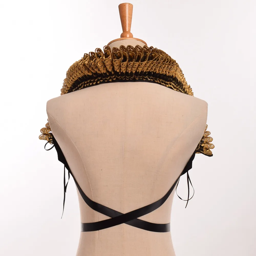 Victoriaanse gegolfde kraagkostuumaccessoires Steampunk Goud Zwart Elizabethan Wrap Neck Ruff for Dress Props snel verzending