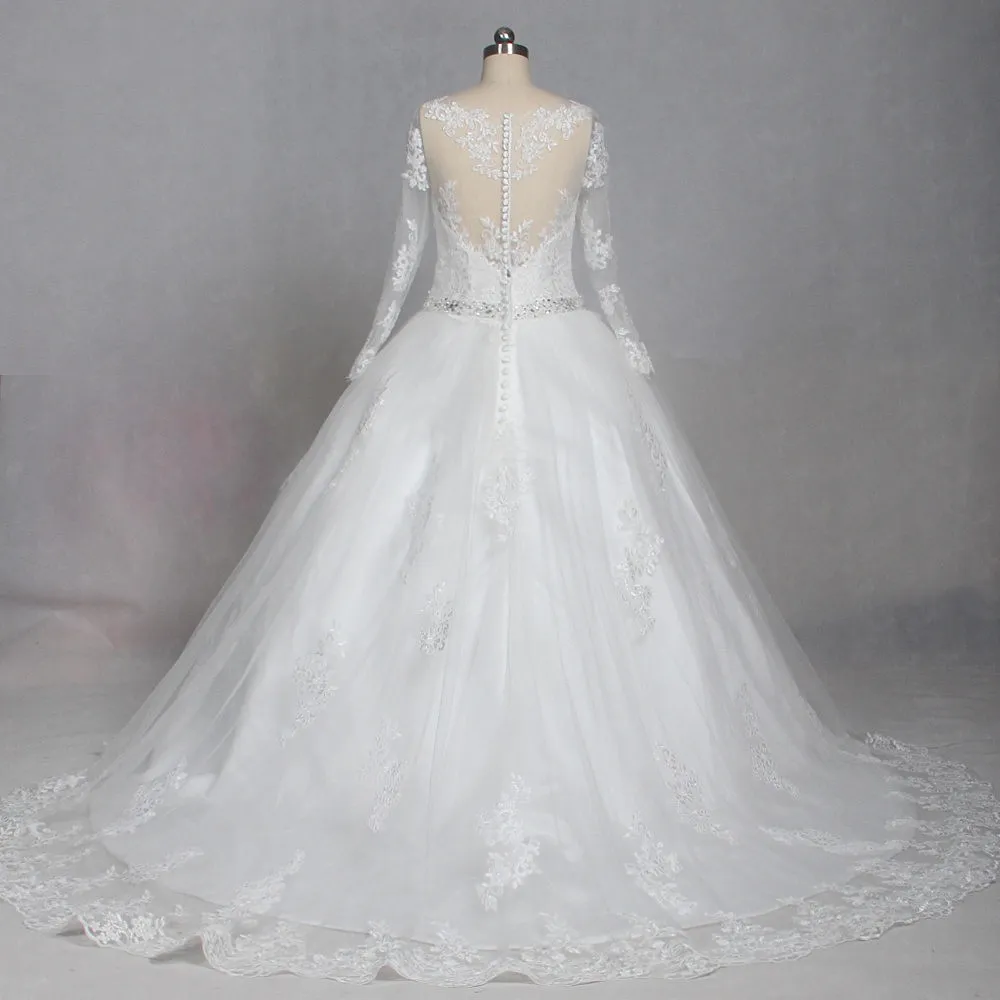 Vintage Lace Ball Gown Wedding Dresses New Arrival Long Sleeve Sheer Neck Beaded Tulle Puffy Vestido De Noiva Wedding Gowns Real Photos