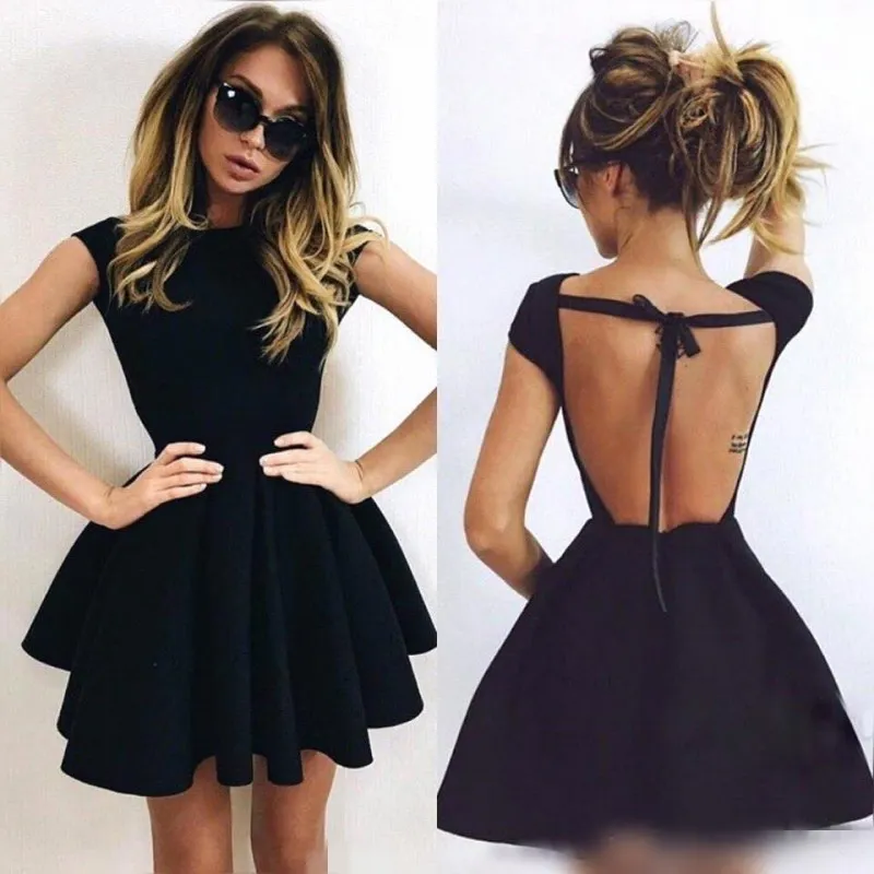 Sexy Open Back Little Black Homecoming Jurken 2017 Cap Mouw Mini Party Jurk Goedkope Korte Prom Cocktail Jurken Avond Formele slijtage