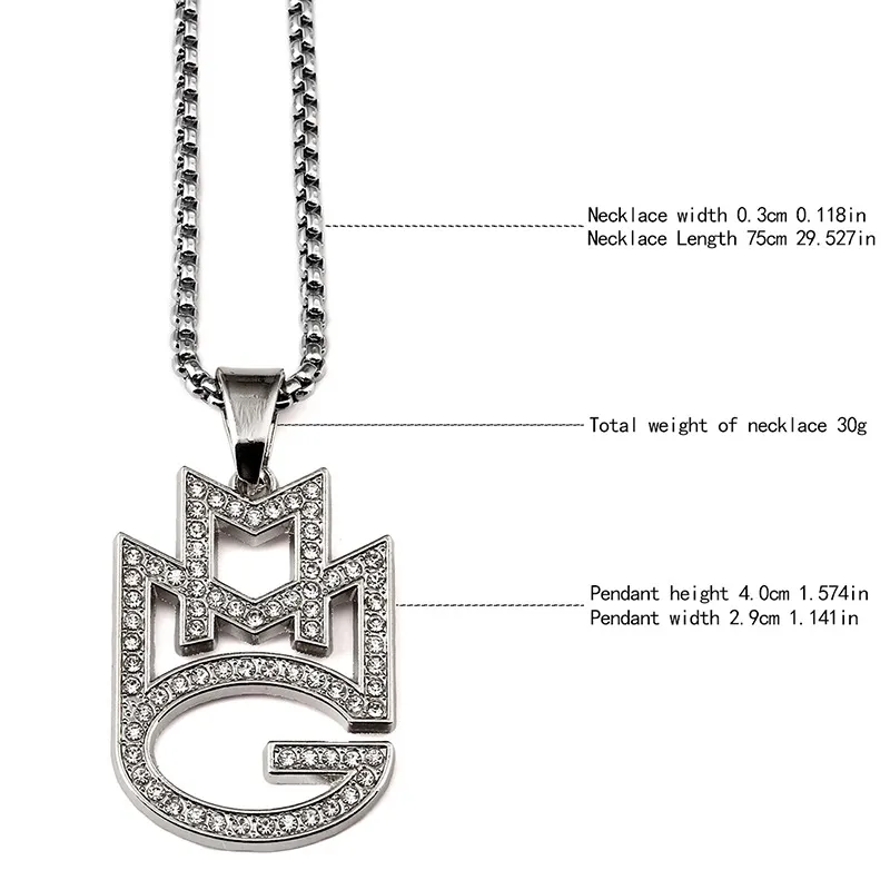 Hipsters Long Link Chains Collier Plaqué Or 18K Haute Qualité Cristal Diamante Pendentifs MMG Charmes HipHop Bijoux Pour Hommes Femmes Cadeaux