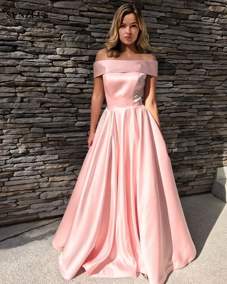 Vestido Rosa Longo A Line Bateau Off Shoulder Long Pink Satin Evening  Dresses Elegant Simple Prom Gowns Women Formal Dress From Sunzeusdress,  $147.74