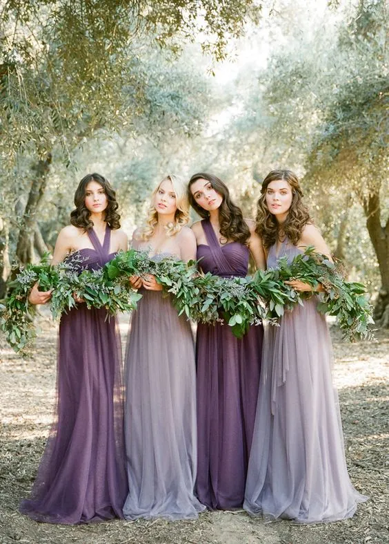 Four Styles Romantic Lavender Bridesmaid Dresses Halter One Shoulder Chiffon For Country Wedding Maid of Honor Dresses Wedding Gowns Custom