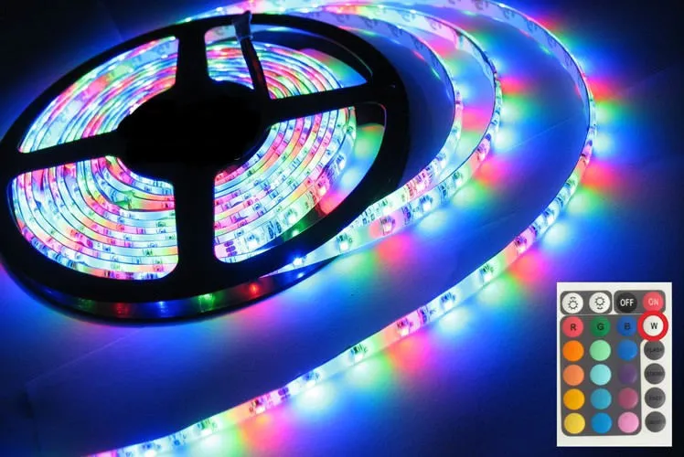 Bande lumineuse Flexible et étanche, 5M, RGB 3528, 300 Led, avec télécommande IR 24 touches, prise EU US UK, adaptateur d'alimentation