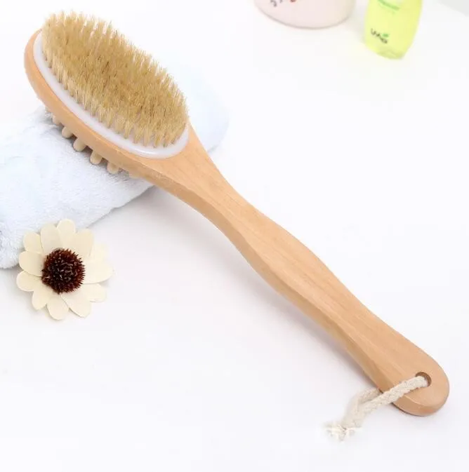 Brosse corporelle 2 en 1 en poils naturels, Double face, épurateur de corps, brosse de Massage à manche long, brosse de douche Spa