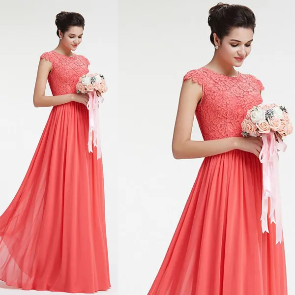 Hot Sale Coral Bridesmaid Dresses Beach Garden Long Maid of Honor Gown for Wedding Jewel Neck Cap Sleeves Lace Chiffon Formal Wear