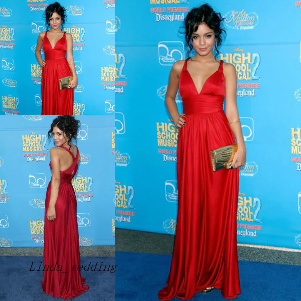 Vanessa Hudgens High School Musical Red Carpet Evening Dress V Neck Golv Längd Lång Särskilda Occasion Dresse Celebrity Party Gown