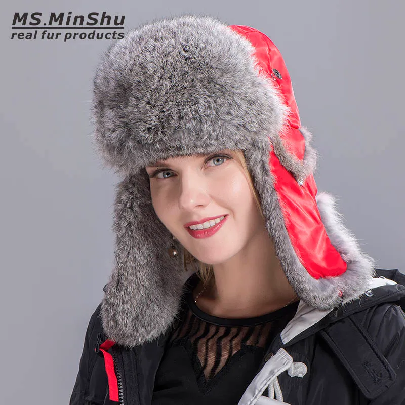 Chapeau de fourrure de lapin russe chapeau de trappeur en fourrure de lapin naturel bonnet de ski hiver chaud oreillette chapeau véritable fourrure de lapin Bomber casquettes MS.MinShu