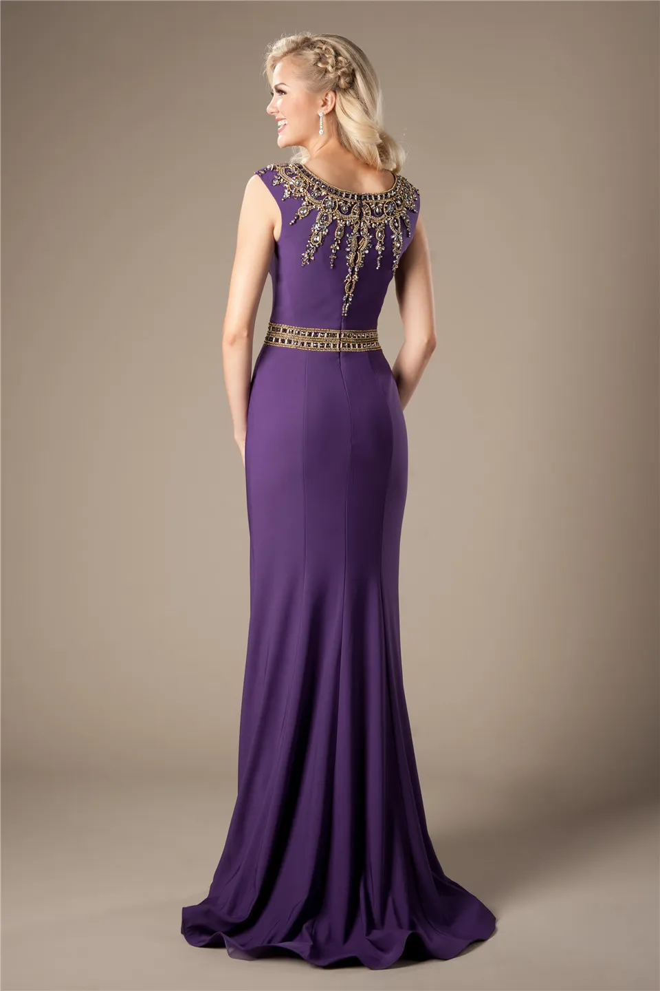 Purple Mermaid Long Modest Evening Dresses Elegant Gold Beaed Sweep Train Cheap Formal Evening Party Dresses Prom Dresses For Teens Girls