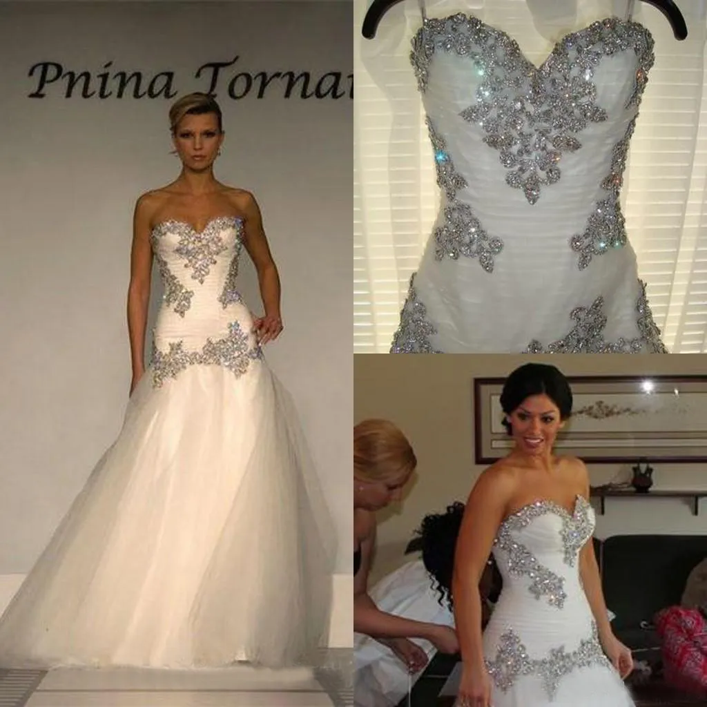 Роскошные свадебные платья русалки из тюля 2016 Pnina Tornai Дешевые хрустальные длинные свадебные платья из бисера на заказ Китай EN70514