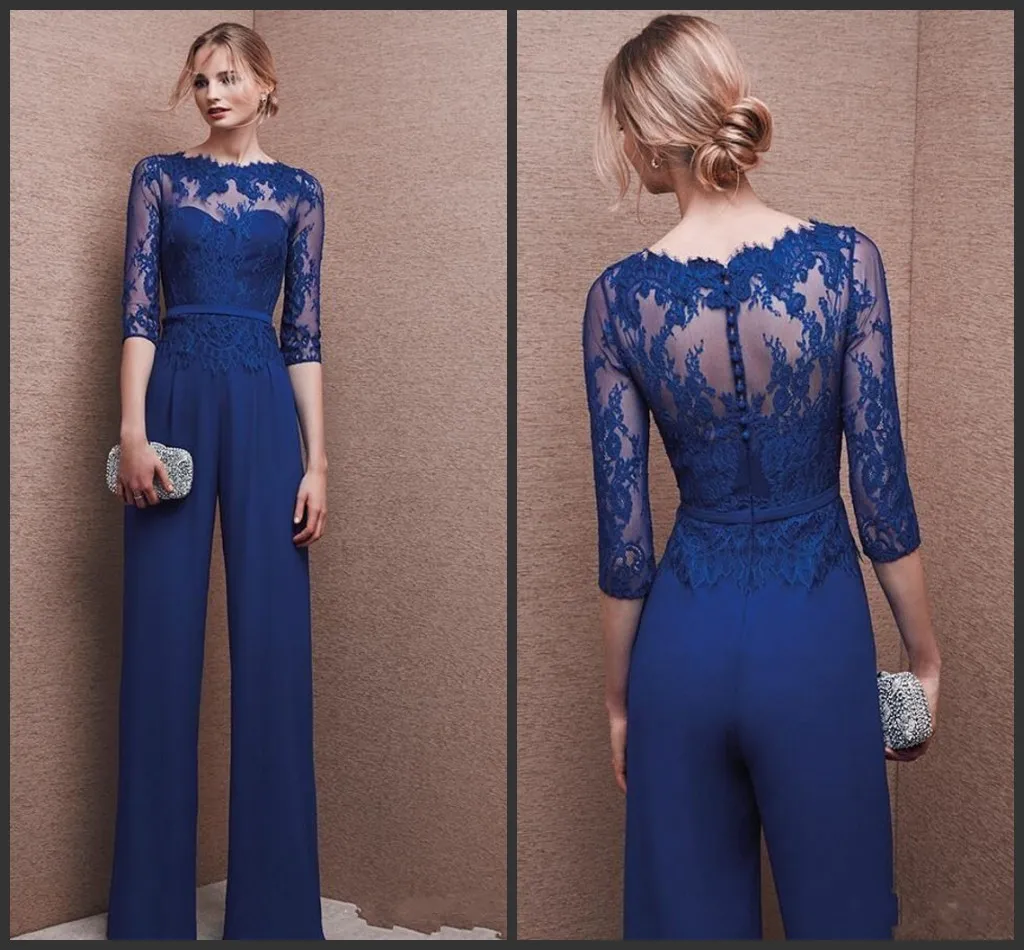 2019 Royal Blue Plus Size Mother of Bride Pant Suit 3/4 Lace Sleeve Mother Jumpsuit Chiffon Cocktail Party Evening Dresses Custom Made 119