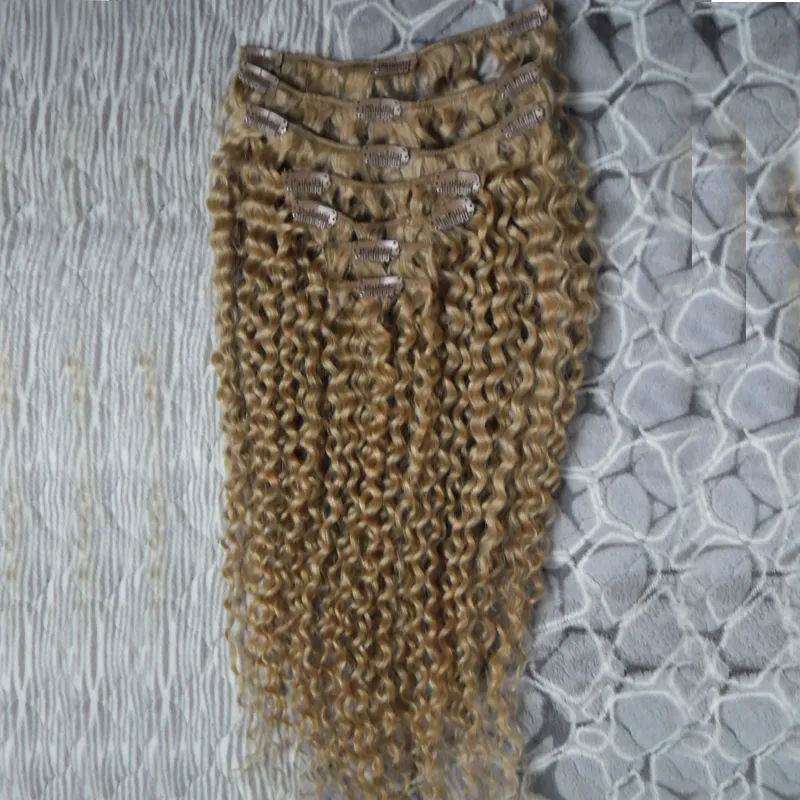 Erdbeerblonde verworrene lockige Clip-in-Haarverlängerungen, 100 g, Afroamerikaner-Clip-in-Echthaarverlängerungen, 7 Stück, mongolisches verworrenes lockiges Haar