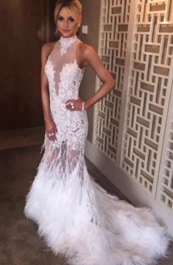 Sexy White Feather Prom Dress High Neck Halter Illusion See Through Lace Appliques Backless Evening Party Gowns Stunning Formal Gown