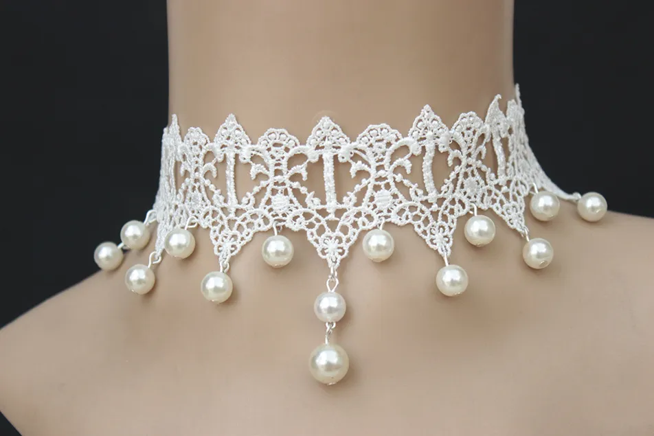 Vintage Design Lace Choker Halsband Faux Pearl Smycken för Bridal Böhmen Handgjorda Justerbara Bröllop Tillbehör Till Salu