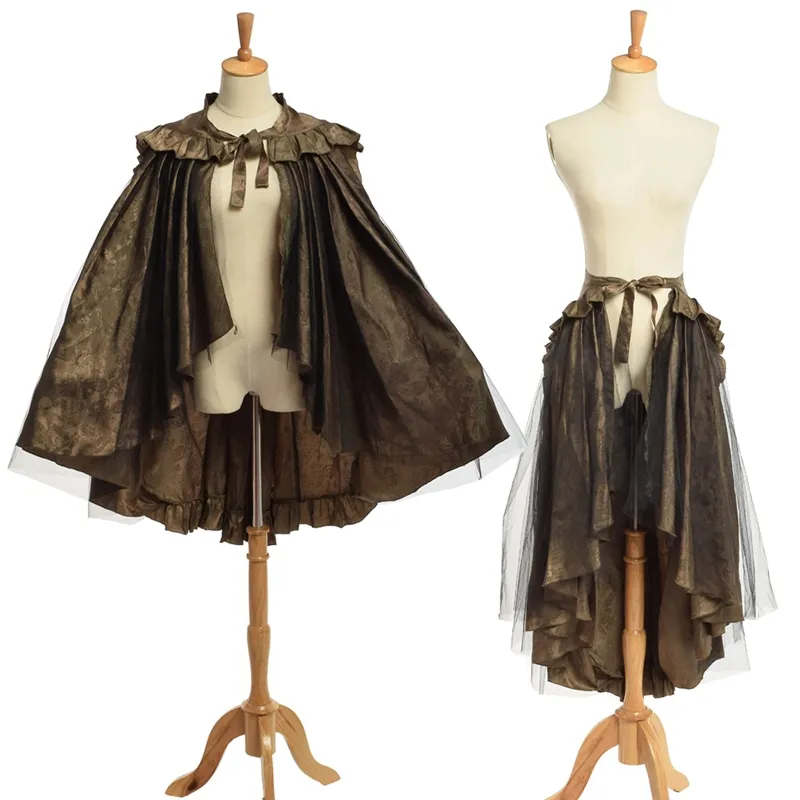 Jupe victorienne Unique pour femmes, rétro gothique, Cape à volants, Costume Punk de reconstitution, 2 vêtements Ways256S