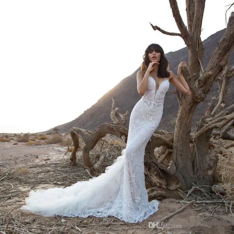 Abiti da sposa a strascico lungo senza schienale Pnina Tornai Sexy Custom Made 2019 Splendidi abiti da sposa a sirena in pizzo pieno205M