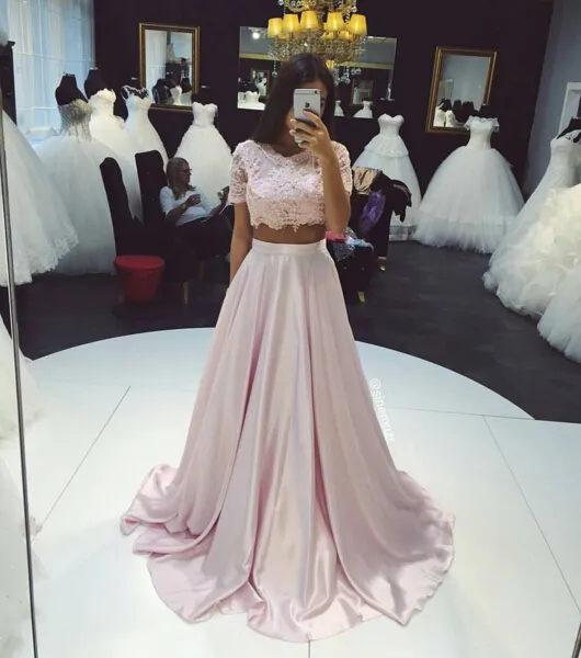 Beautiful Two Pieces Short Sleeve Prom Dresses 2019 Lace A Line Girls Party Gown Pink Applique With Beadings From 100 7 DHgate