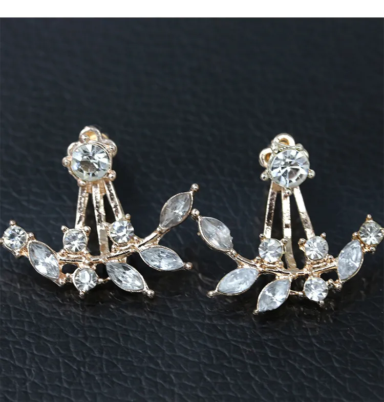 Boucles d'oreilles de mariée en cristal brillant bijoux d'oreille en argent élégant zircon cubique feuille avant et arrière boucles d'oreilles feuilles clous