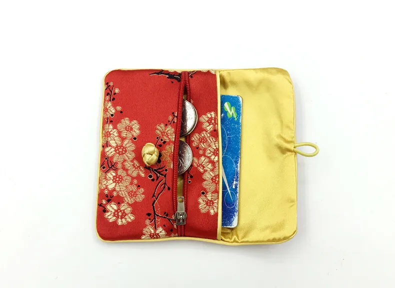 Chinese knoop zijden brokaat kleine zakjes tas met rits sieraden pouch portemonnee cadeau verpakking creditcardhouder case opbergtas 2 stks / partij