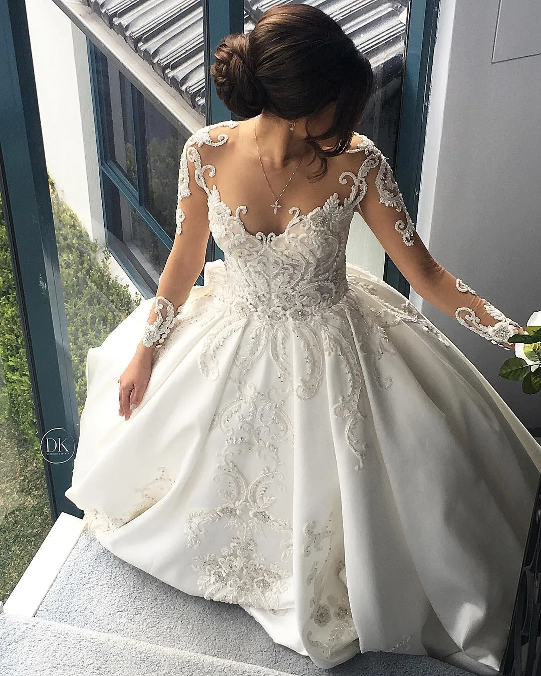 Long Sleeve 2017 Wedding Dresses Lace Applique Crystal Sheer Neck Bridal  Gowns Cathedral Train Satin Plus Size Wedding Dress From Manweisi, $147.63  | DHgate.Com, image size:1080x1349