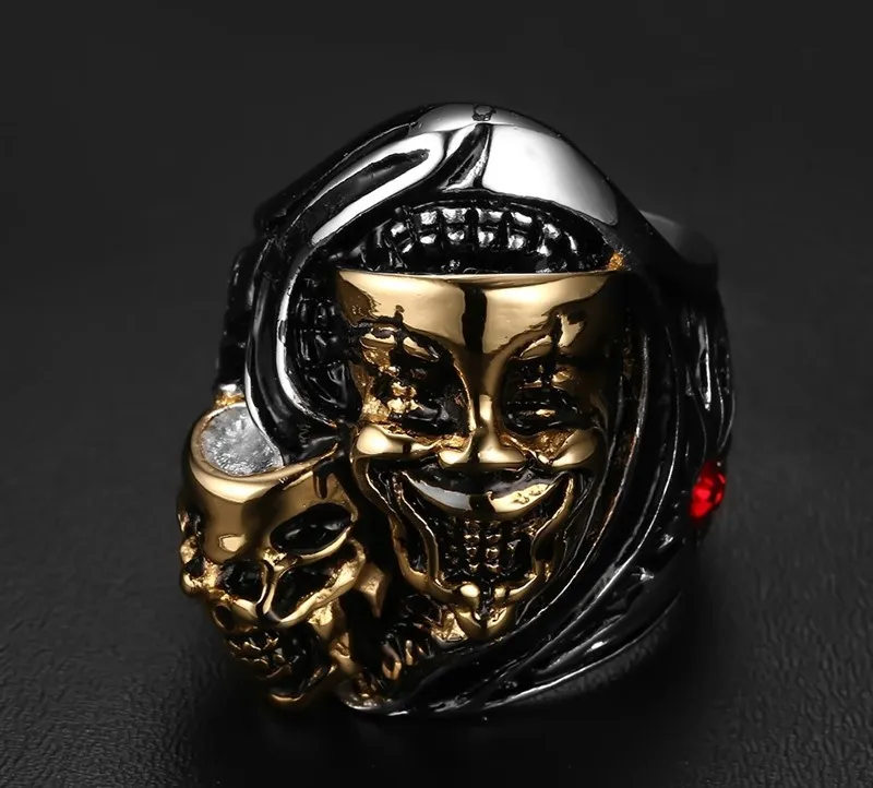 Men Punk Ring Stainless Steel IP Gold Plated Rhinestones Vintage Hip Hop Jewelry Carved Geometric Hipsters Necessities Accessories Size 8-12