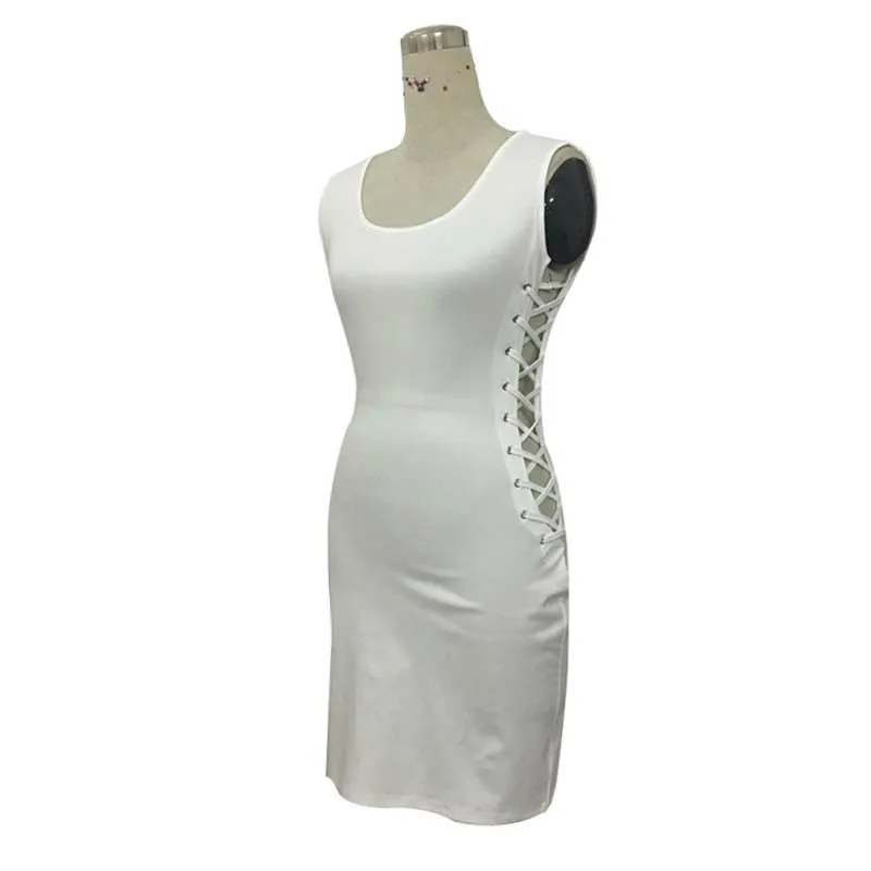 Beyaz Kadınlar Mini Elbise Seksi Kolsuz Bodycon Yan Hollow Out Lace Up Elbise Gece Kulübü Parti Elbise S-XL