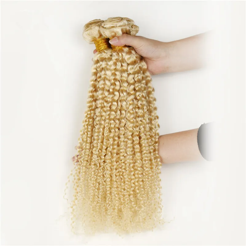 Kinky Curly Virgin Bundles de cheveux humains blonds brésiliens # 613 Platinum Bleach Blonde Virgin Hair Weaves Double Trames / 