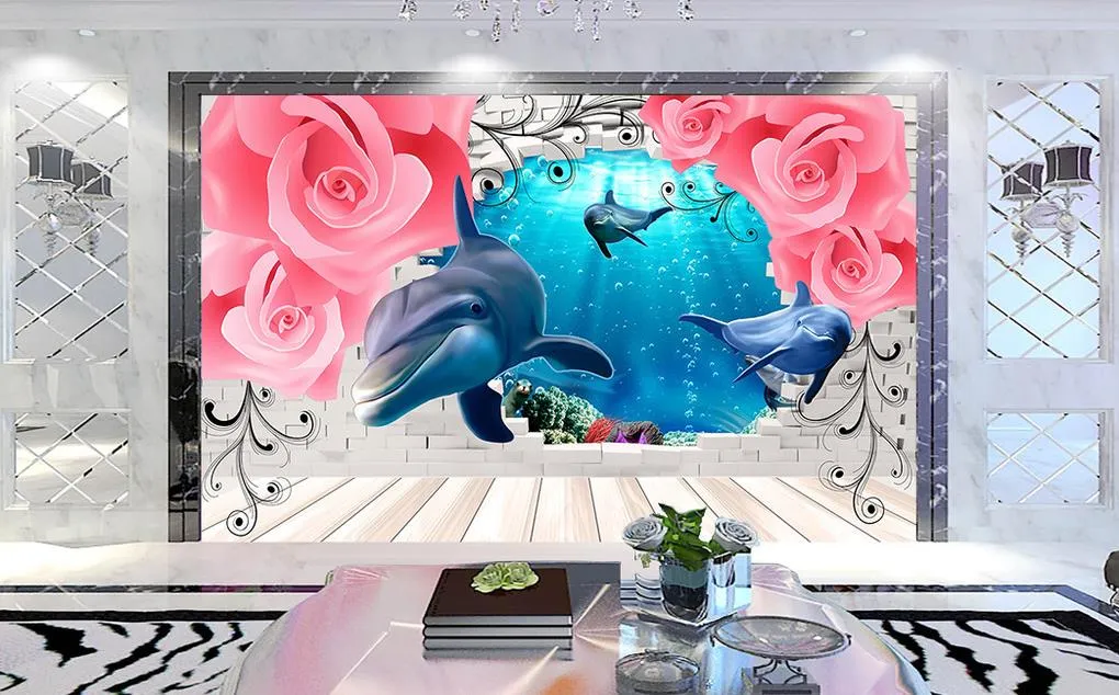 Europejskie Róże Delfiny Niestandardowe 3d Mural Tapeta 3D Salon TV Tło Bedroom Wall Papers Home Decor